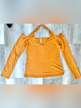 CY USA Women's Mustard Cold-Shoulder V-Neck Long Sleeve Top